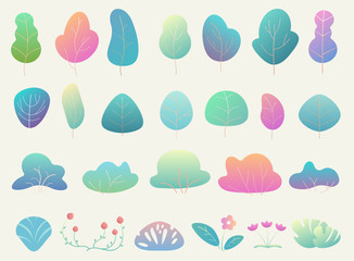 Trendy and beautiful gradient color simple flat forest elements. Bushes, floral elements and trees.