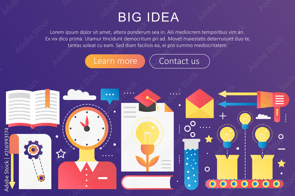 Poster Vector trendy flat gradient color Big Idea concept template with icons and text. Creative thinking and Finding Solutions banner.