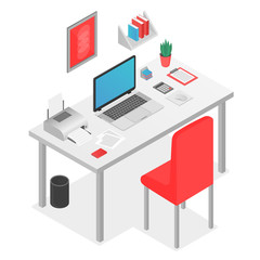 Flat 3d isometric workspace concept with laptop on the table vector illustration.