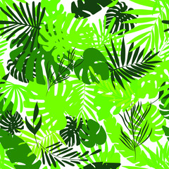 Seamless tropical palms pattern. Exotic. Green colors. Background for fashion, interior, stationery, web.