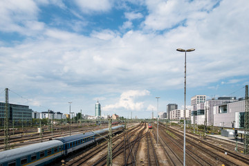 Fototapeta na wymiar Railway station view with sky, copy space 