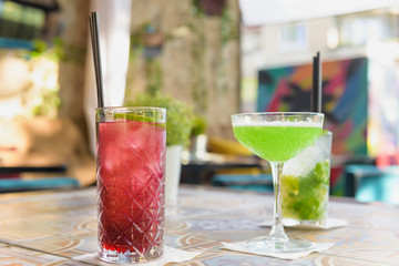 Colorful cocktail on top of the bar, summer coctails