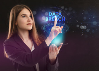 The concept of business, technology, the Internet and the network. A young entrepreneur working on a virtual screen of the future and sees the inscription: Data breach