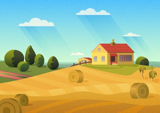 Colorful illustration of farmhouse in countryside with golden haystacks and blue sky with film noise effect.