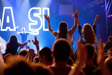 cheering crowd with raised hands at concert - music festival