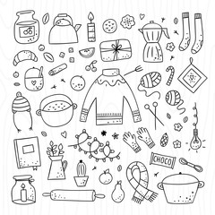 Hygge elements and objects cute hand drawn set. Outline doodle illustrations with interior details and symbols