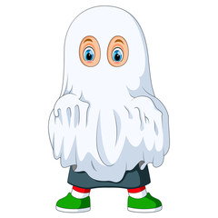 kid in ghost costume for Halloween