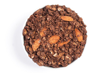 Close up Granola on white bowl isolated on white background.