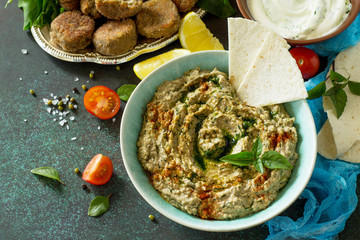 Arabic cuisine. Fresh homemade creamy mung hummus. Ramadan food.