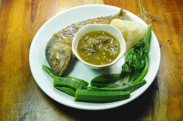 fried mackerel and fish chili paste sauce eat couple with fresh vegetable