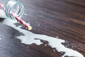 split milk from a bottle on wooden table, close-up milk droplet on tip of straw