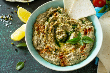 Arabic cuisine. Fresh homemade creamy mung hummus. Ramadan food.