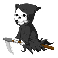 Cute cartoon grim reaper riding scythe 