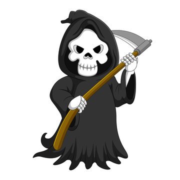 Cute cartoon grim reaper with scythe 