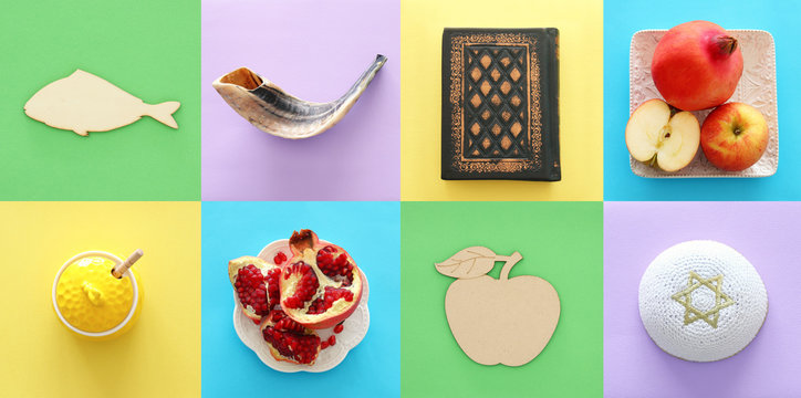 Rosh hashanah (jewish New Year holiday) collage concept. Traditional symbols.