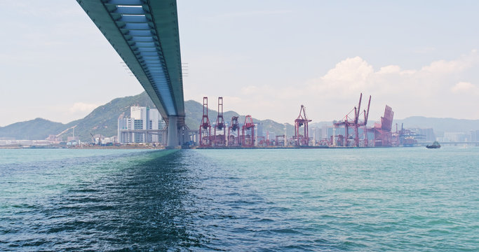 Hong Kong Container terminal port and stonecutter bridge