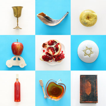 Rosh hashanah (jewish New Year holiday) collage concept. Traditional symbols.