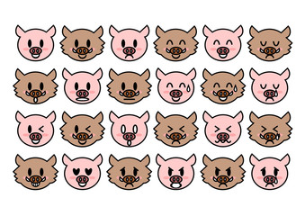 猪と豚の表情アイコンイラストセット