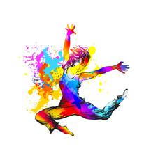 Fototapeta na wymiar Dancing girl with color splashes on white background. Vector illustration