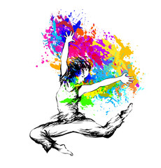 Fototapety  Tańcząca dziewczyna z kolorowymi plamami na białym tle. Ilustracja wektorowa