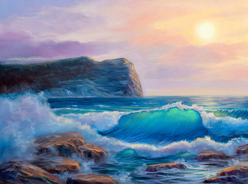 Sunset on the sea, painting by oil on canvas. © serge-b