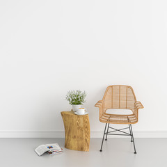 wood chair and flower in white room for mockup, 3D rendering