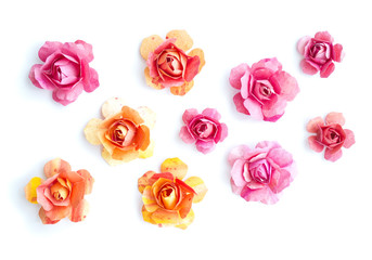 set of colorful paper pink, orange flowers, roses on white background