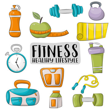 Fitness and healthy lifestyle icons set. Colorful hand drawn doodle objects. Vector illustrator.