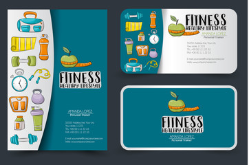 Fitness and healthy lifestyle corporate identity design set. Flyer and business cards. Vector illustrator.