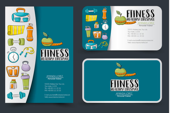 Fitness and healthy lifestyle corporate identity design set. Flyer and business cards. Vector illustrator.