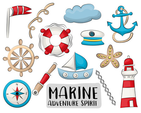 Marine nautical travel icons set. Colorful hand drawn doodle objects. Vector illustrator.