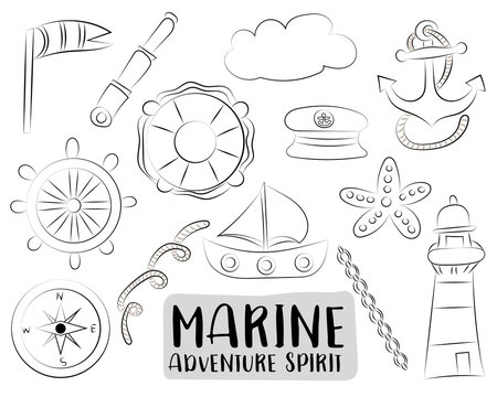 Marine nautical travel icons set. Black and white  hand drawn outline doodle objects. Coloring page kids game. Vector illustrator.