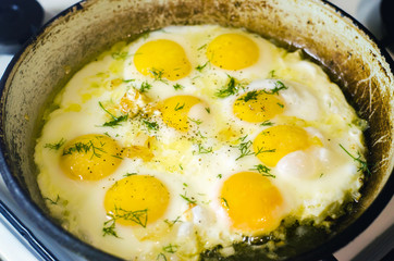 fried eggs in the home kitchen, omelette with herbs and spices in a frying pan.