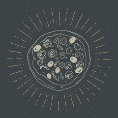 Pizza vintage label, Hand drawn sketch, grunge textured retro badge, typography design t-shirt print, vector illustration