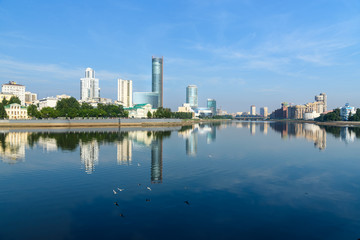 Fototapeta na wymiar View of city center skyline and Iset river. Yekaterinburg. Russia