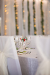 wedding table with exclusive floral arrangement prepared for reception, wedding or event centerpiece in greenery style