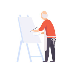 Senior man character painting on canvas, elderly people leading an active lifestyle social concept vector Illustration on a white background