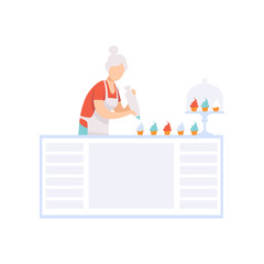 Senior woman character baking cupcakes in the kitchen, elderly people leading an active lifestyle social concept vector Illustration on a white background