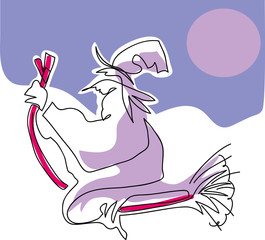 Witch and her broomstick.

Flying witch on her magical broom.
Simple line drawing of witch.
