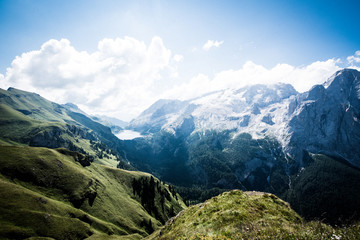 Marmolada glacier, Val di Fassa Valley and Fedaia Lake