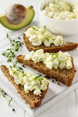 Avocado sandwiches. Traditional latinamerican mexican sauce guacamole. Healthy fat, omega 3.