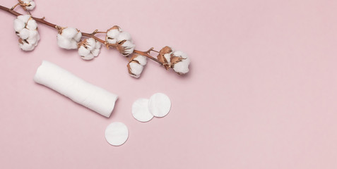Spa concept. Flat lay background with cotton branch, cotton pads. Cotton Cosmetic Makeup Removers Tampons. Hygienic sanitary swabs on the pink background Top view with copy space