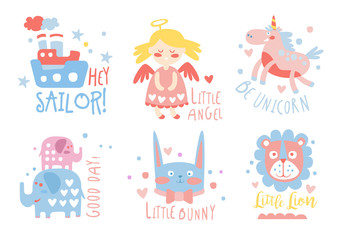 Cute hand drawn decor elements with text, sailor, angel, unicorn, little bunny, card templates for baby shower, kids party, baby products vector Illustrations