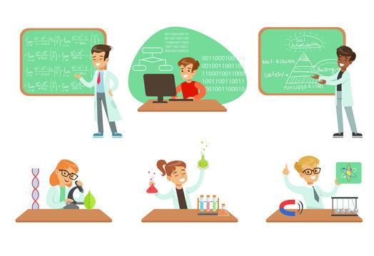 Kids doing science research in school science class laboratories, educational science activities for children vector Illustrations on a white background