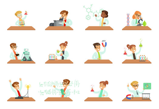 Kids In Lab Clothing Doing Scientific Experiments With Lab Equipment In School Science Class Laboratories, Educational Science Activities For Children Vector Illustrations On A White Background