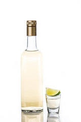 Mexican Gold tequila bottle and glass with lime and salt isolated on white background

