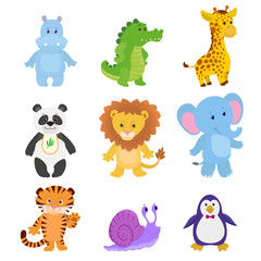 Cute animals hippopotamus crocodile giraffe panda lion elephant tiger snail penguin