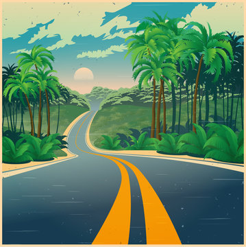 Road through the jungle in retro poster style