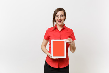 Portrait of business teacher woman in red shirt hold tablet pc computer with blank black empty screen to copy space isolated on white background. Education teaching in high school university concept.