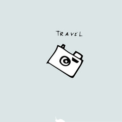 Travel idea, handwritten text and camera, hand drawn template.